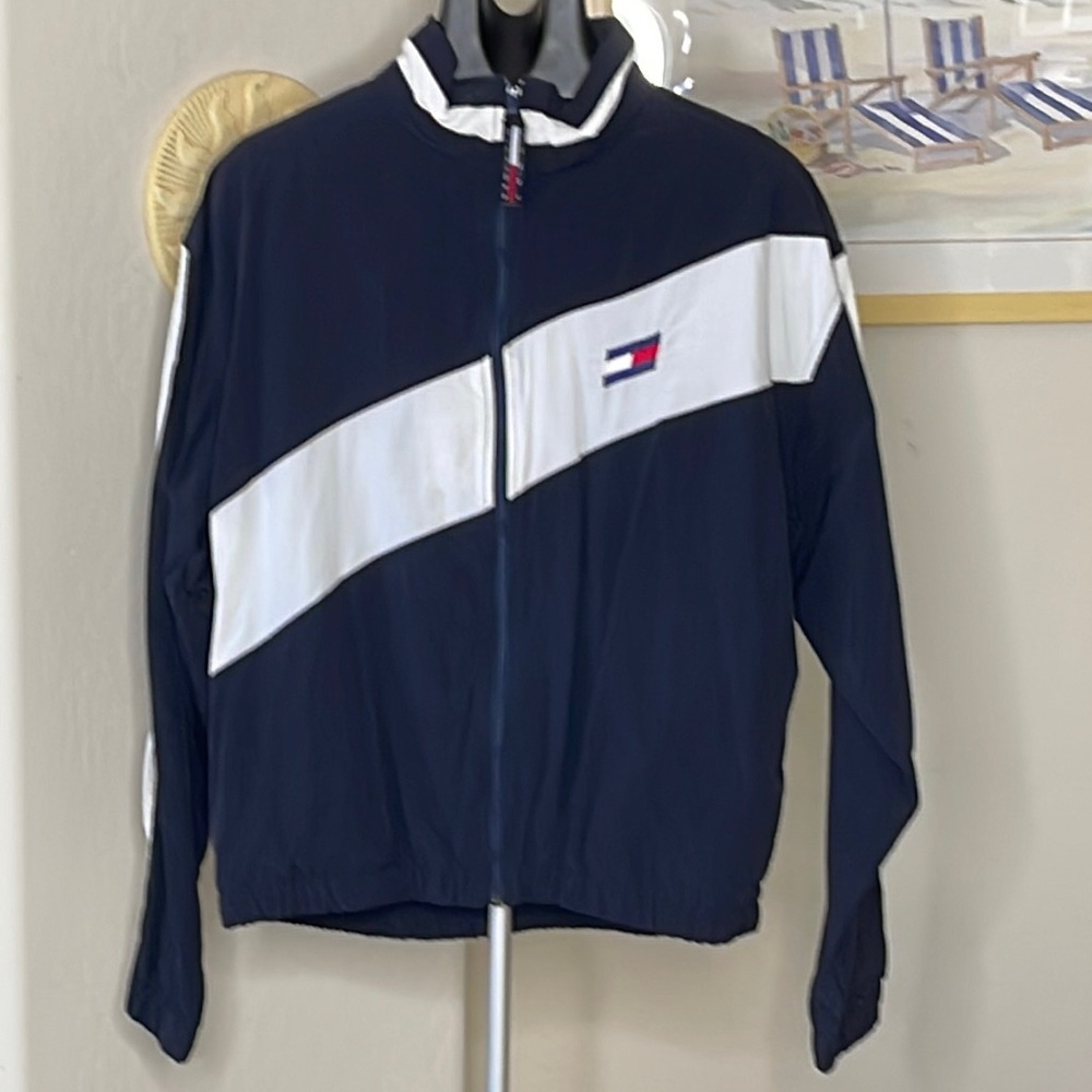 Vintage Tommy Hilfiger Blue Black & White Nylon Wind Breaker Jacket Size Medium